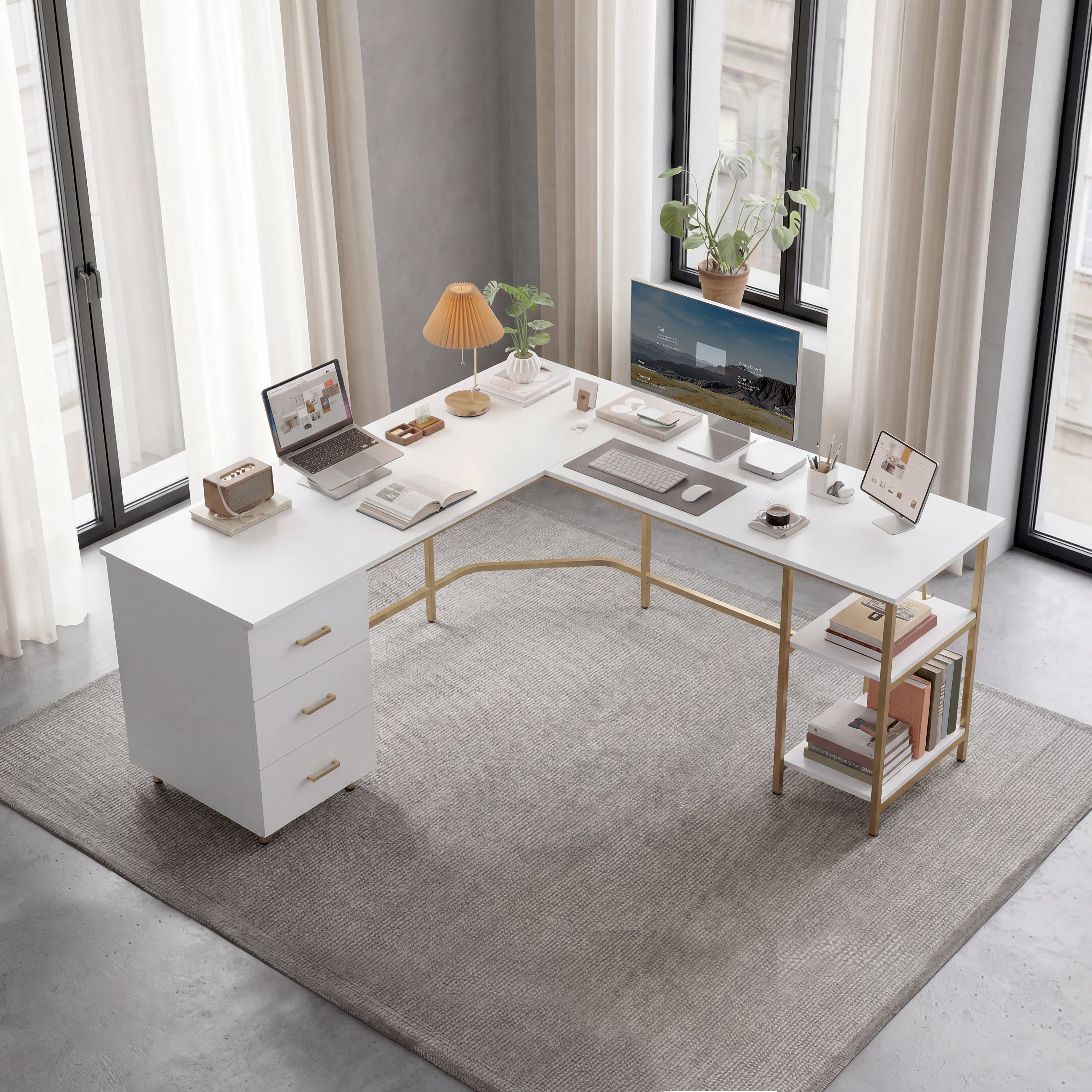 Mayitaです。デスク Techni Mobili | L-Shape Home Office Two-Tone Desk with Storage