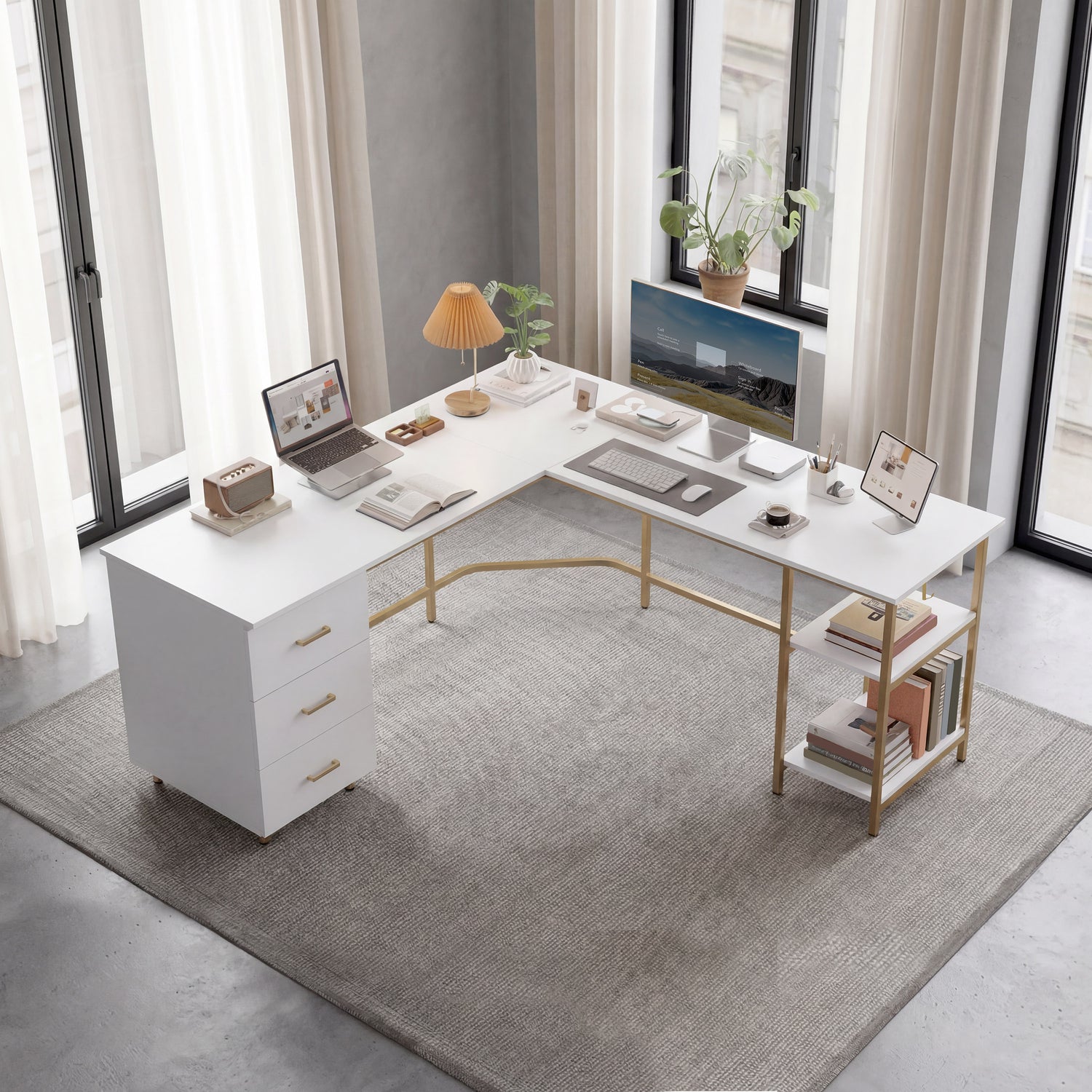 L-Shape Home Office Two-Tone Desk with Storage