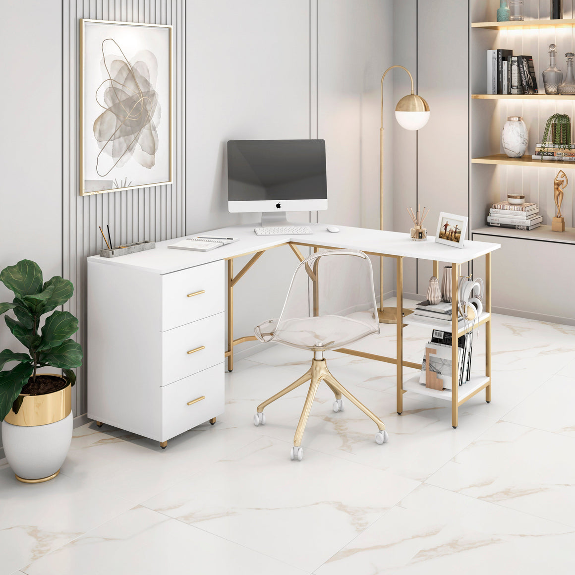 L-Shape Home Office Two-Tone Desk with Storage Gold Workstation