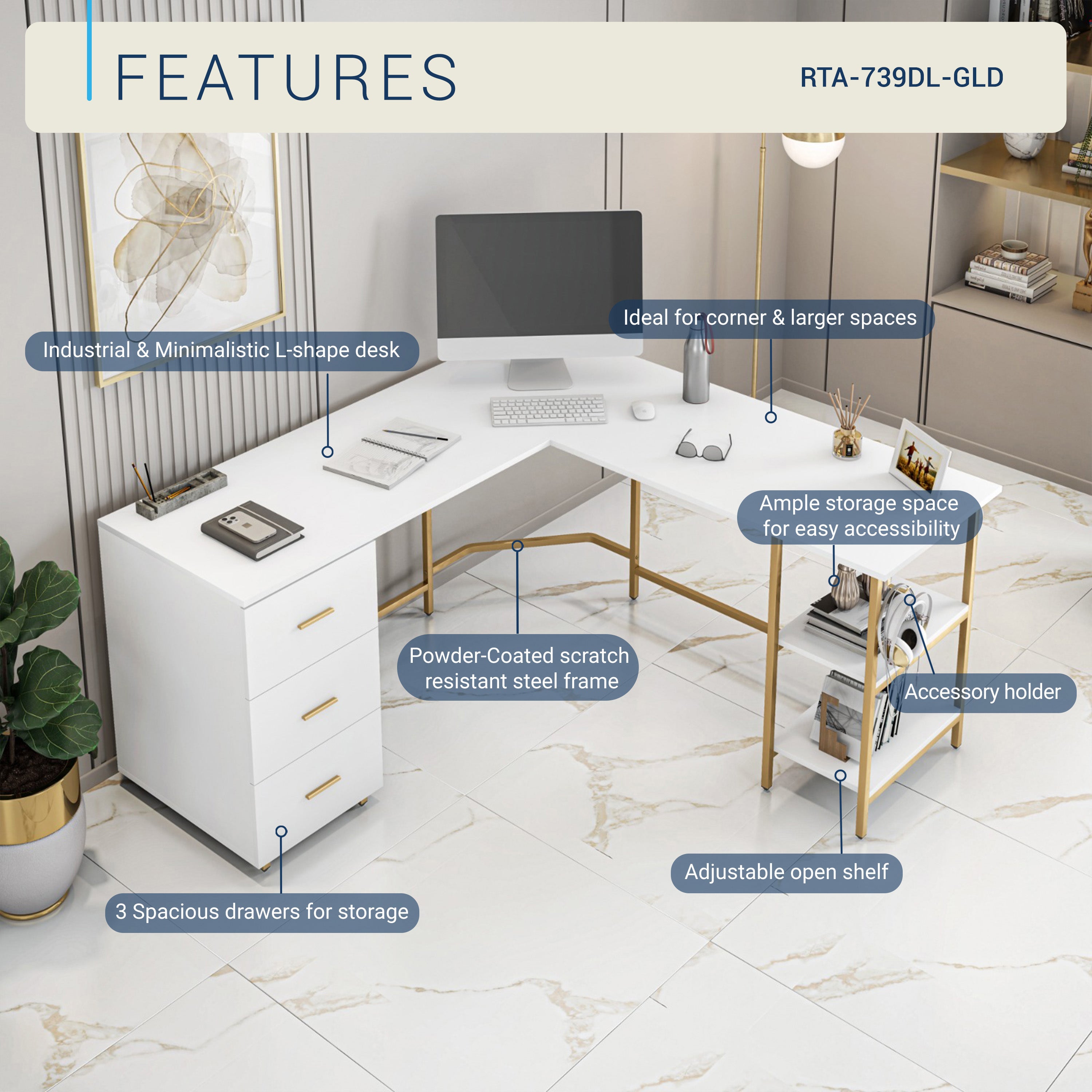 Techni Mobili | L-Shape Home Office Two-Tone Desk with Storage