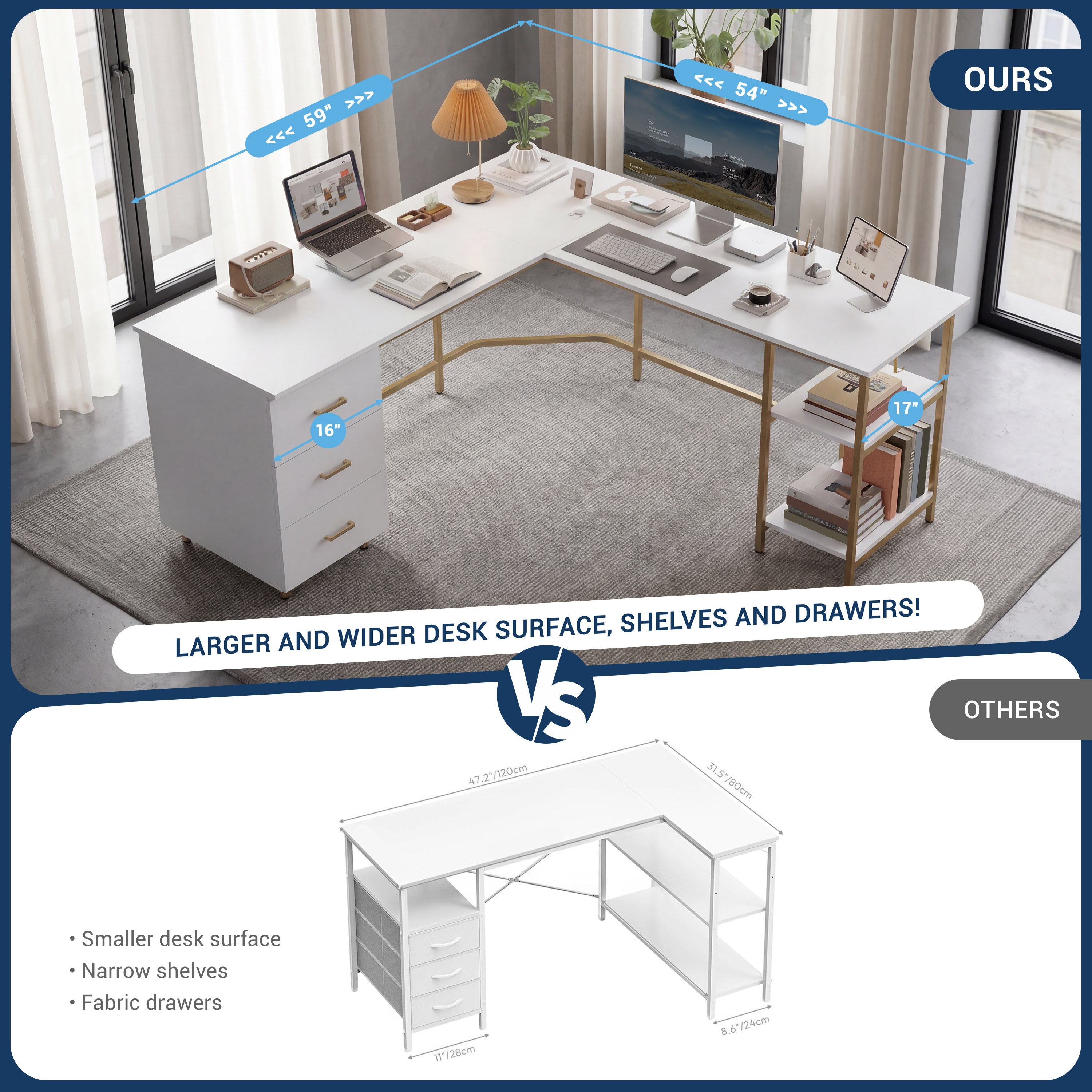 Techni Mobili | L-Shape Home Office Two-Tone Desk with Storage