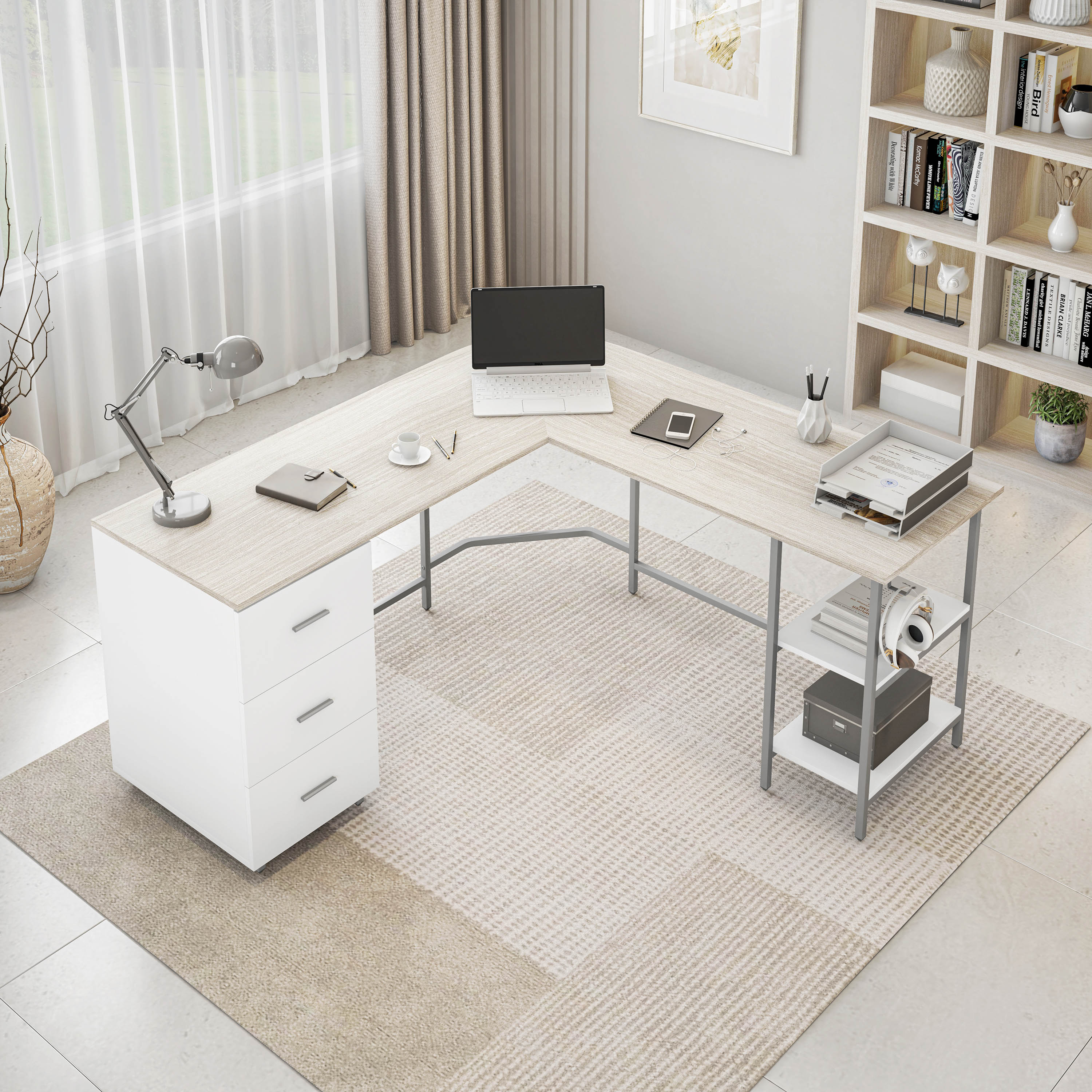 Techni Mobili | L-Shape Home Office Two-Tone Desk with Storage