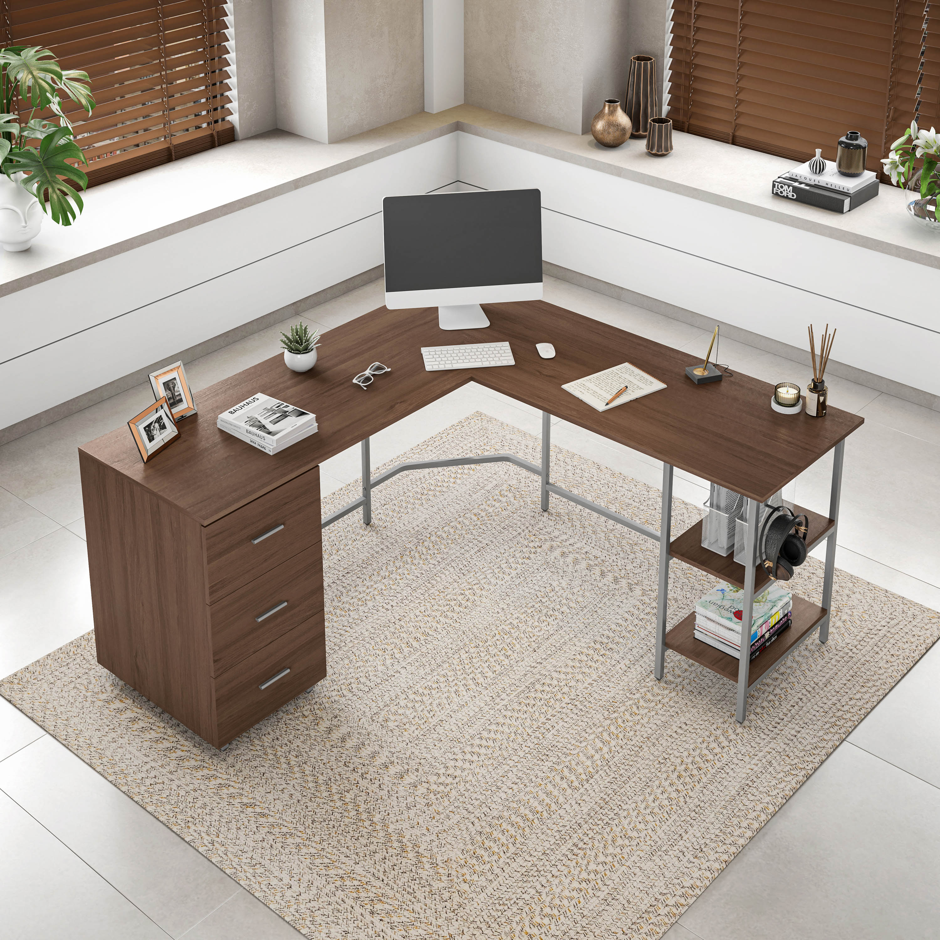 Techni Mobili | L-Shape Home Office Two-Tone Desk with Storage