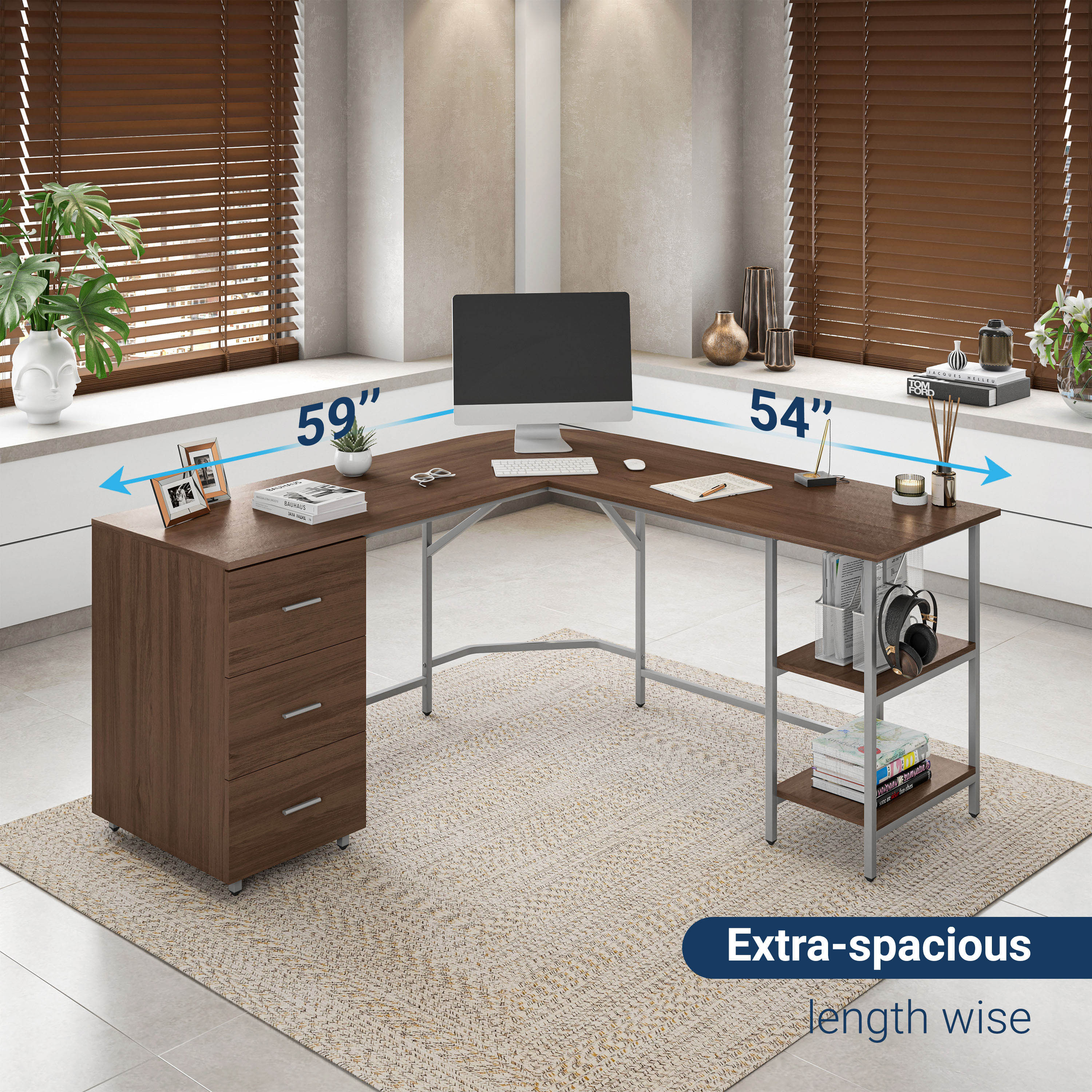 Techni Mobili | L-Shape Home Office Two-Tone Desk with Storage