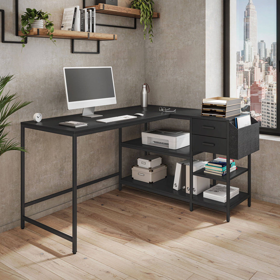 Modern L-Shaped Desk with 2 Drawers, Storage Shelves, and Fabric Organizer