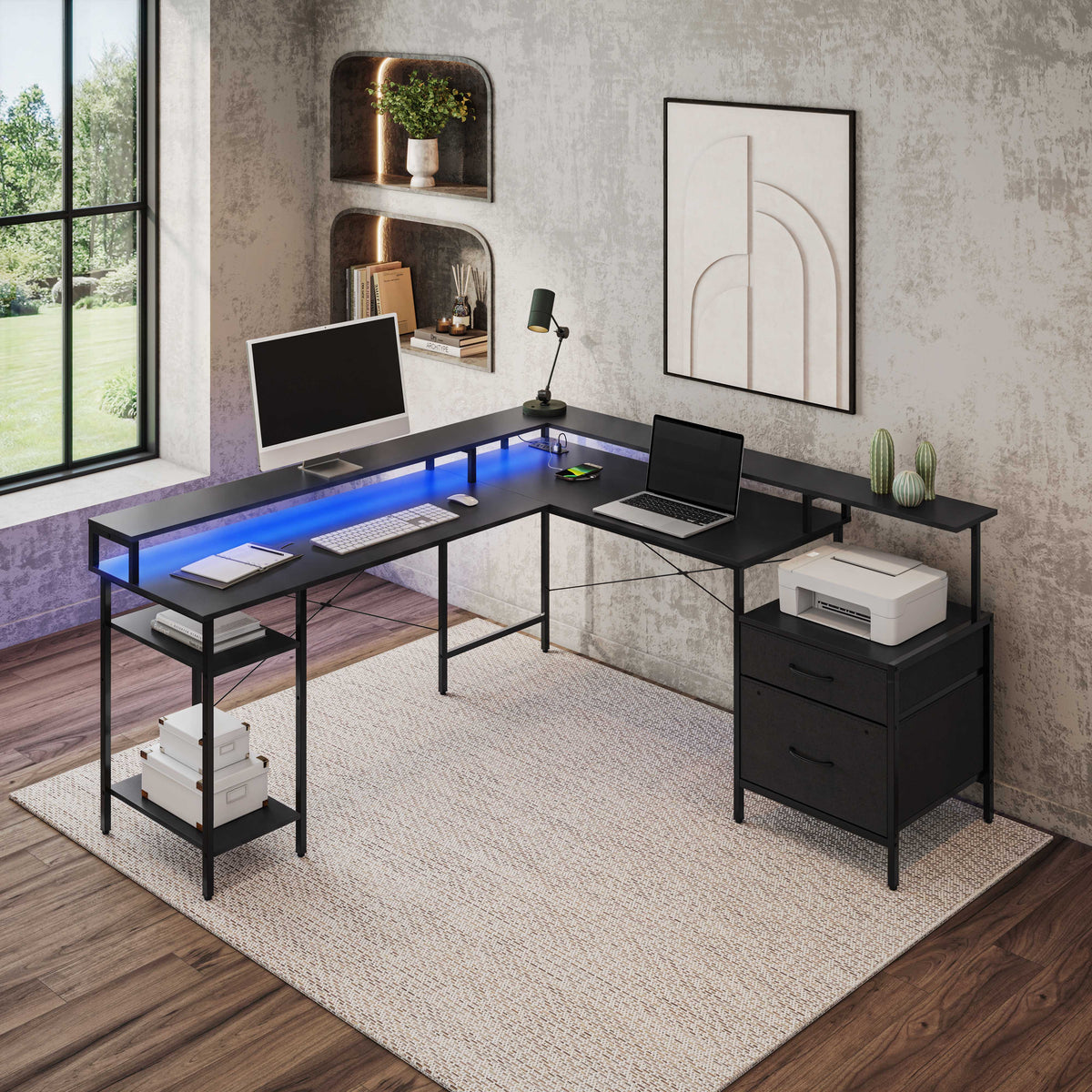 Convertible Straight/L-Shaped Desk, LED Lights & Fabric Drawers, 3 Power Outlets, 2 USB-A Ports, Storage & Reversible Design for Home Office & Gaming Desk