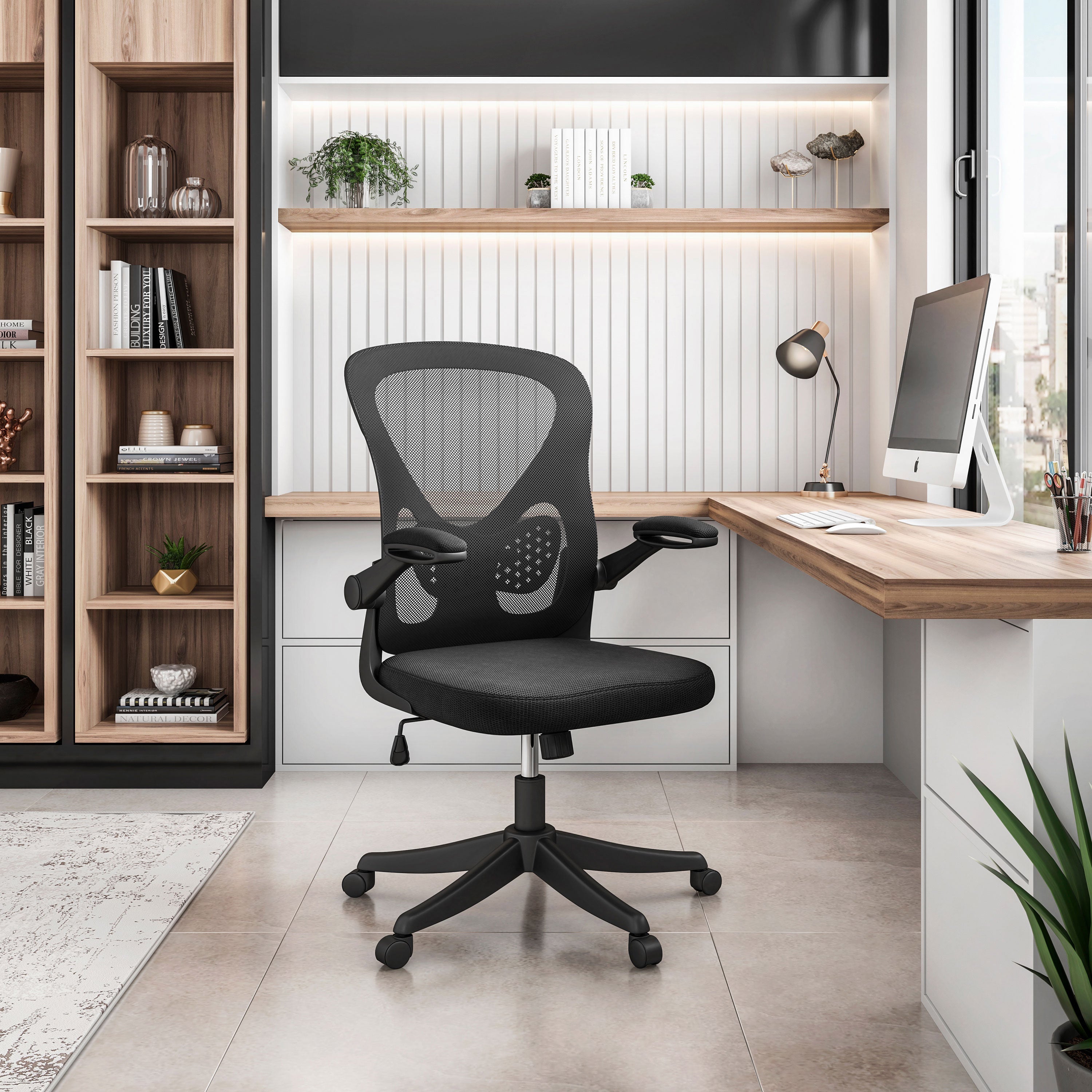 Black Mesh Office Chair with Lumbar Support and Flip-Up Arms Office Chair