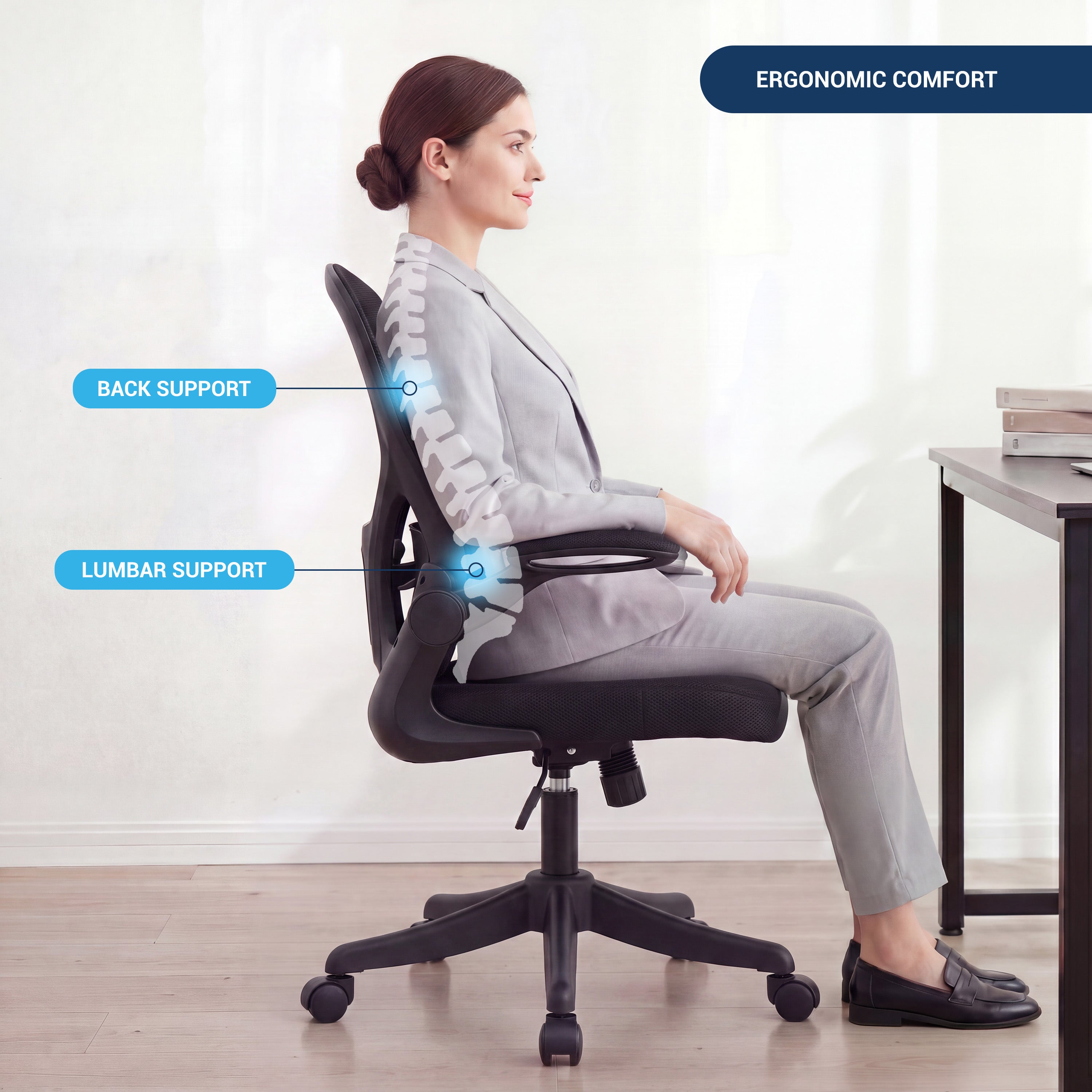 Black Mesh Office Chair with Lumbar Support and Flip-Up Arms