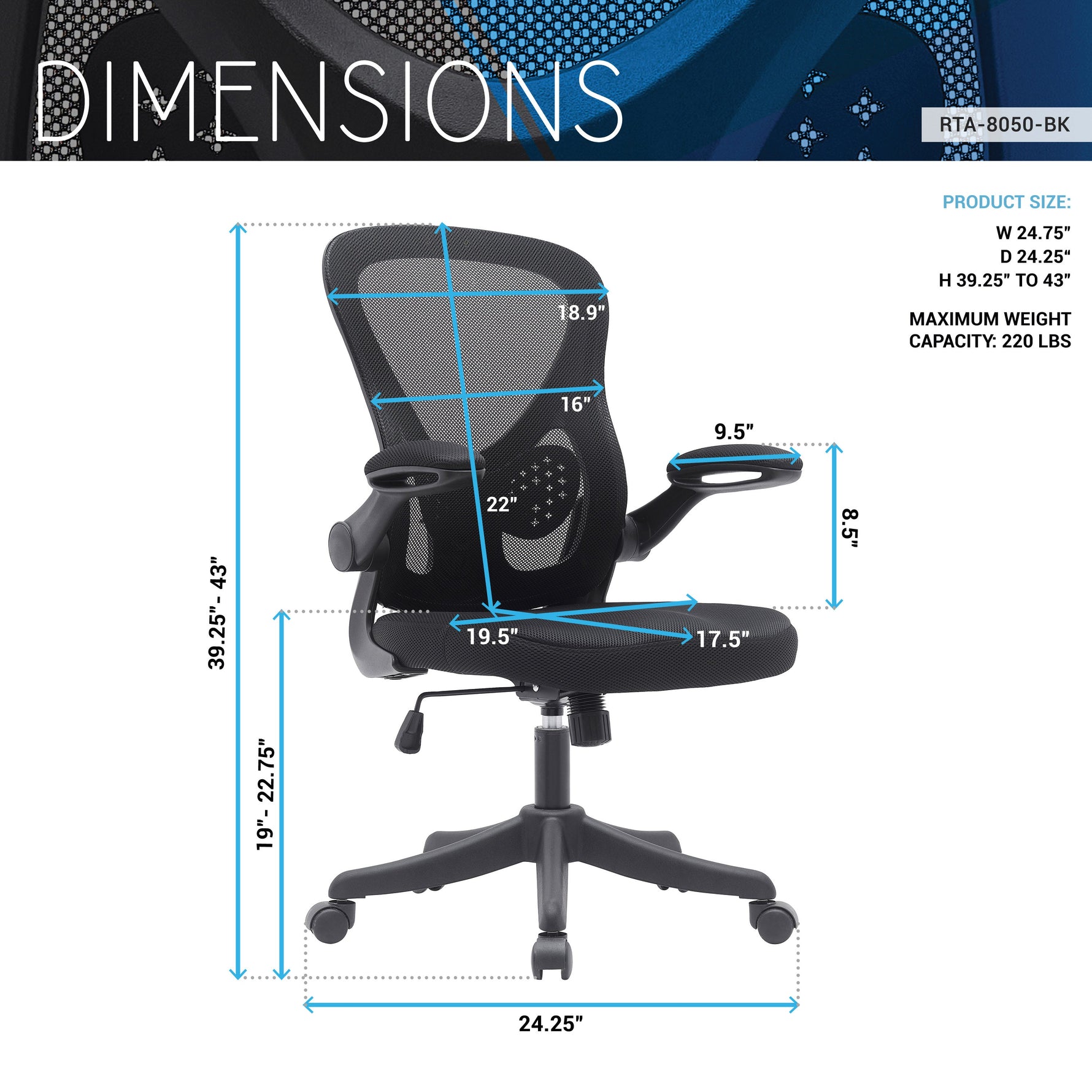 Black Mesh Office Chair with Lumbar Support and Flip-Up Arms Office Chair
