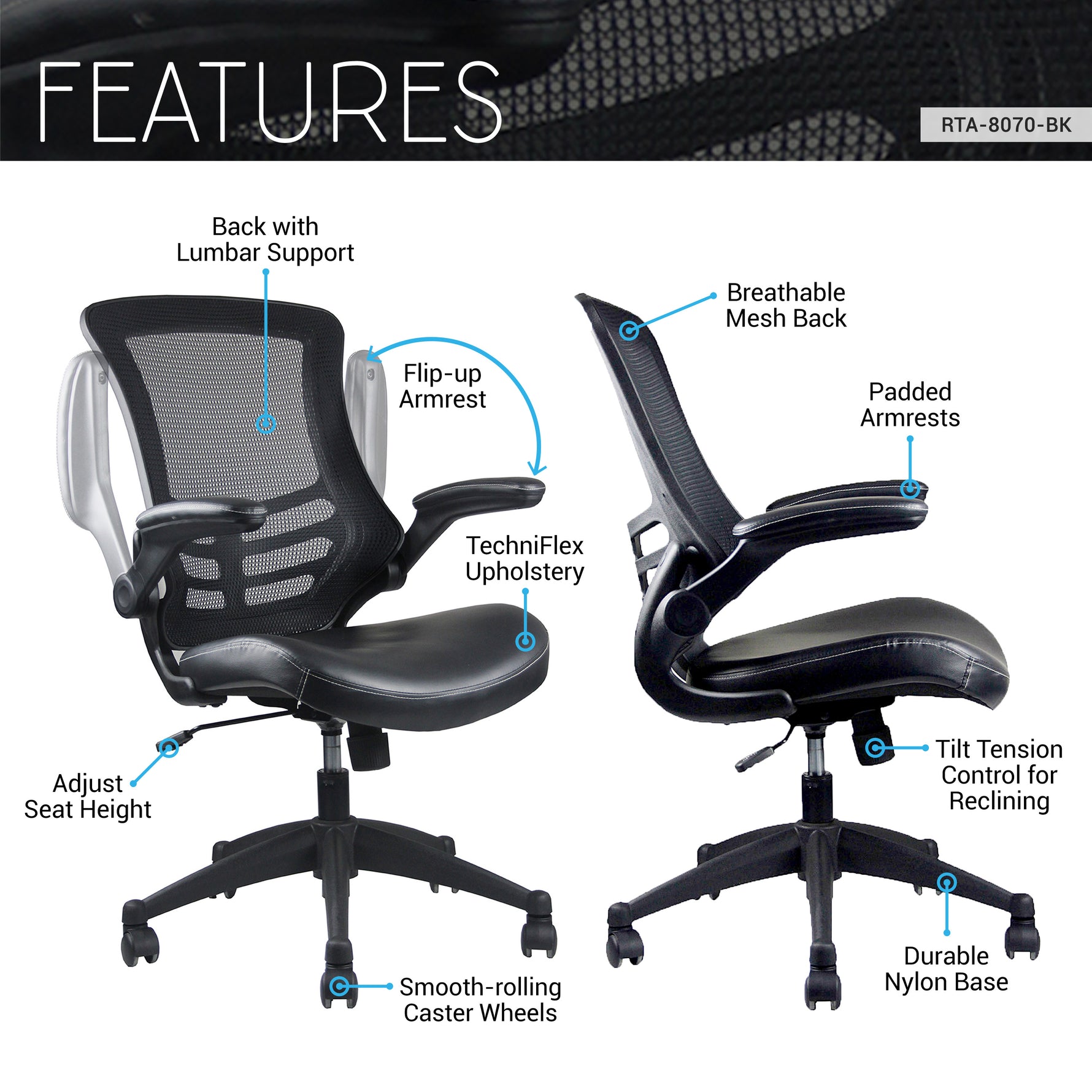 Stylish Mid-Back Mesh Office Chair With Adjustable Arms Black Office Chair