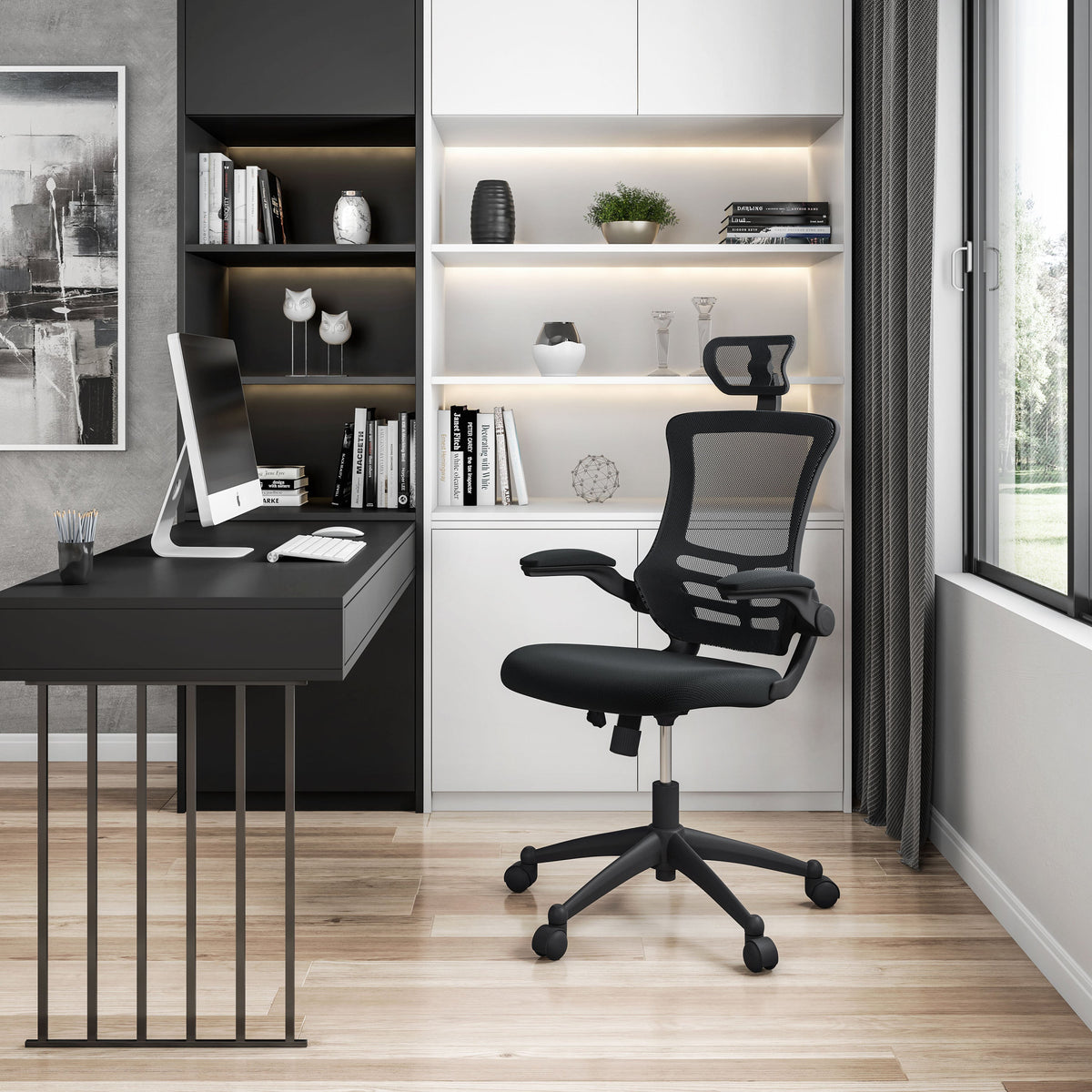 Modern High-Back Mesh Executive Office Chair With Headrest And Flip Up Arms Office Chair