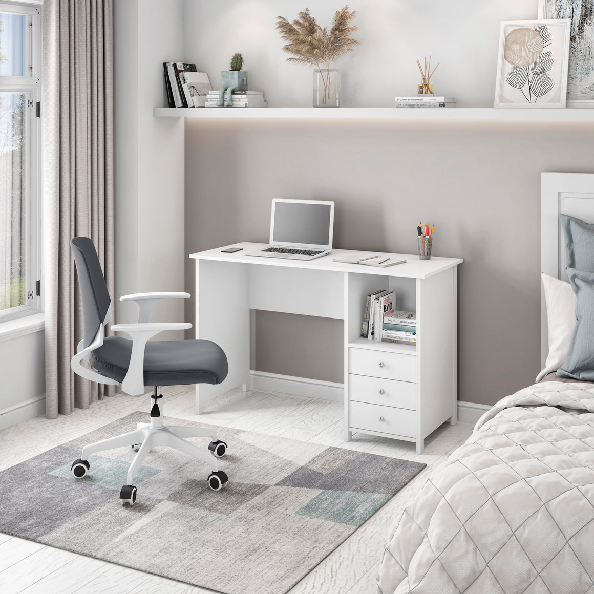 Contemporary White Desk with 3 Storage Drawers Writing Desk