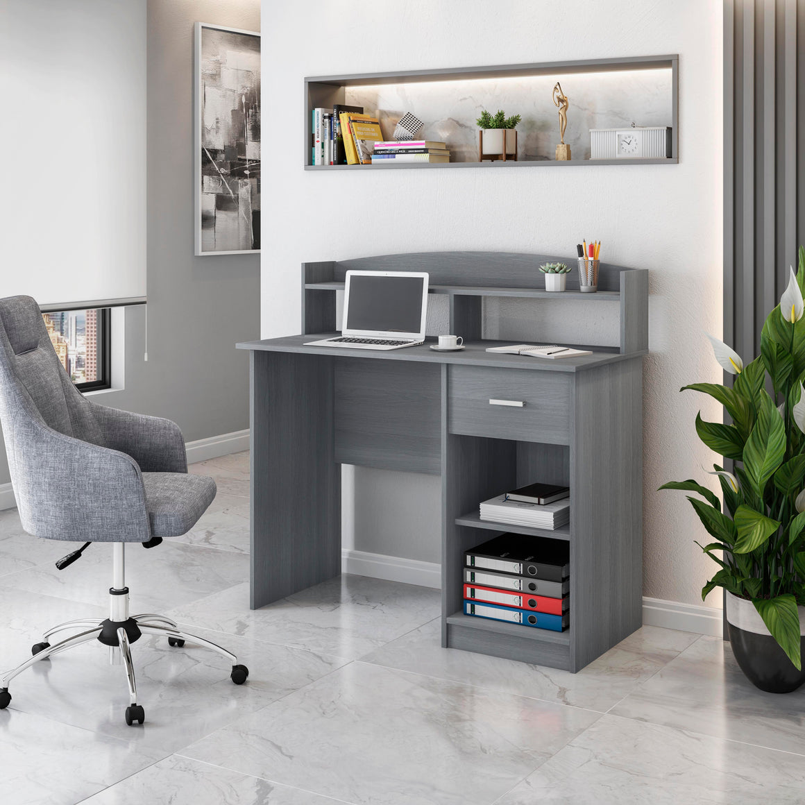 Modern Office Desk with Hutch Grey Workstation