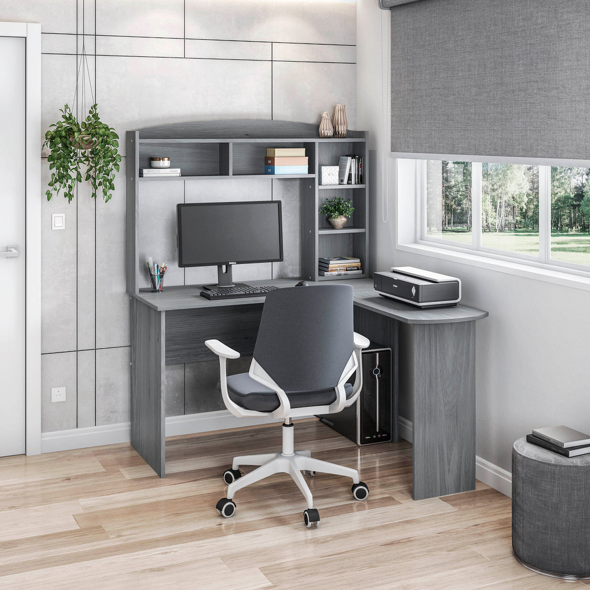 Modern L-Shaped Desk with Hutch Grey L-Shaped Desk