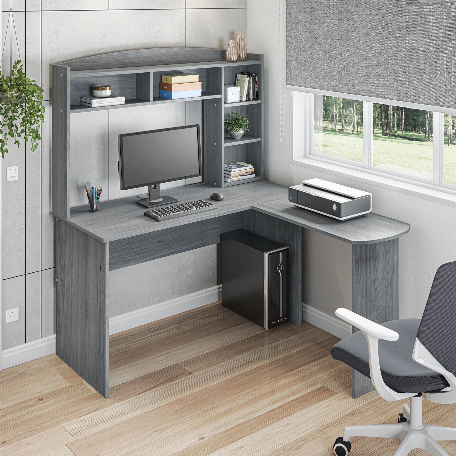 Modern L-Shaped Desk with Hutch