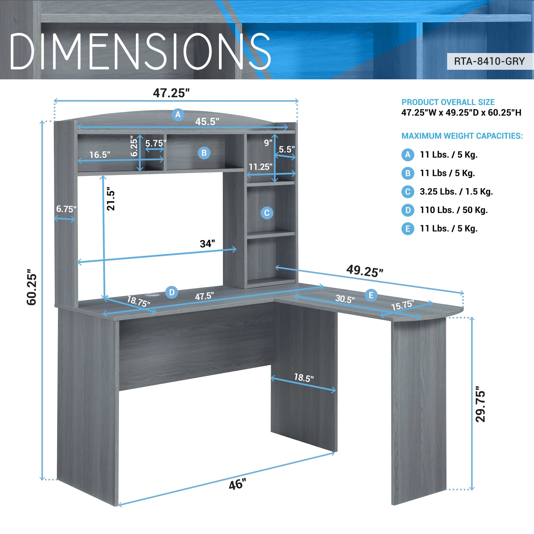 Modern L-Shaped Desk with Hutch Grey L-Shaped Desk