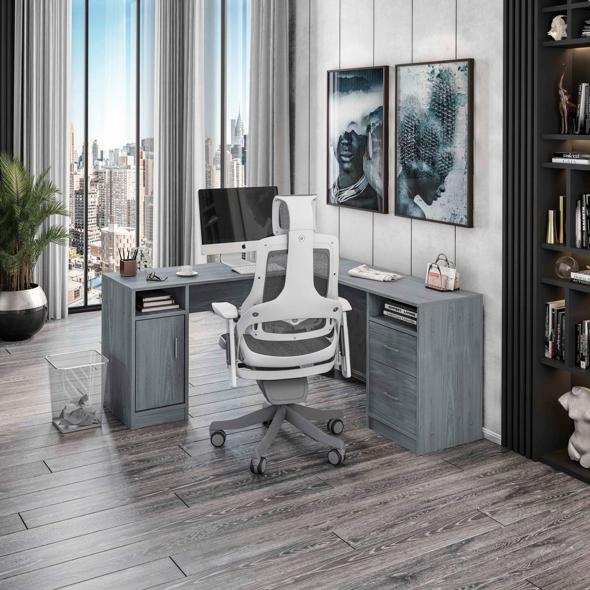 Functional L-Shape Desk with Storage Grey L-Shaped Desk