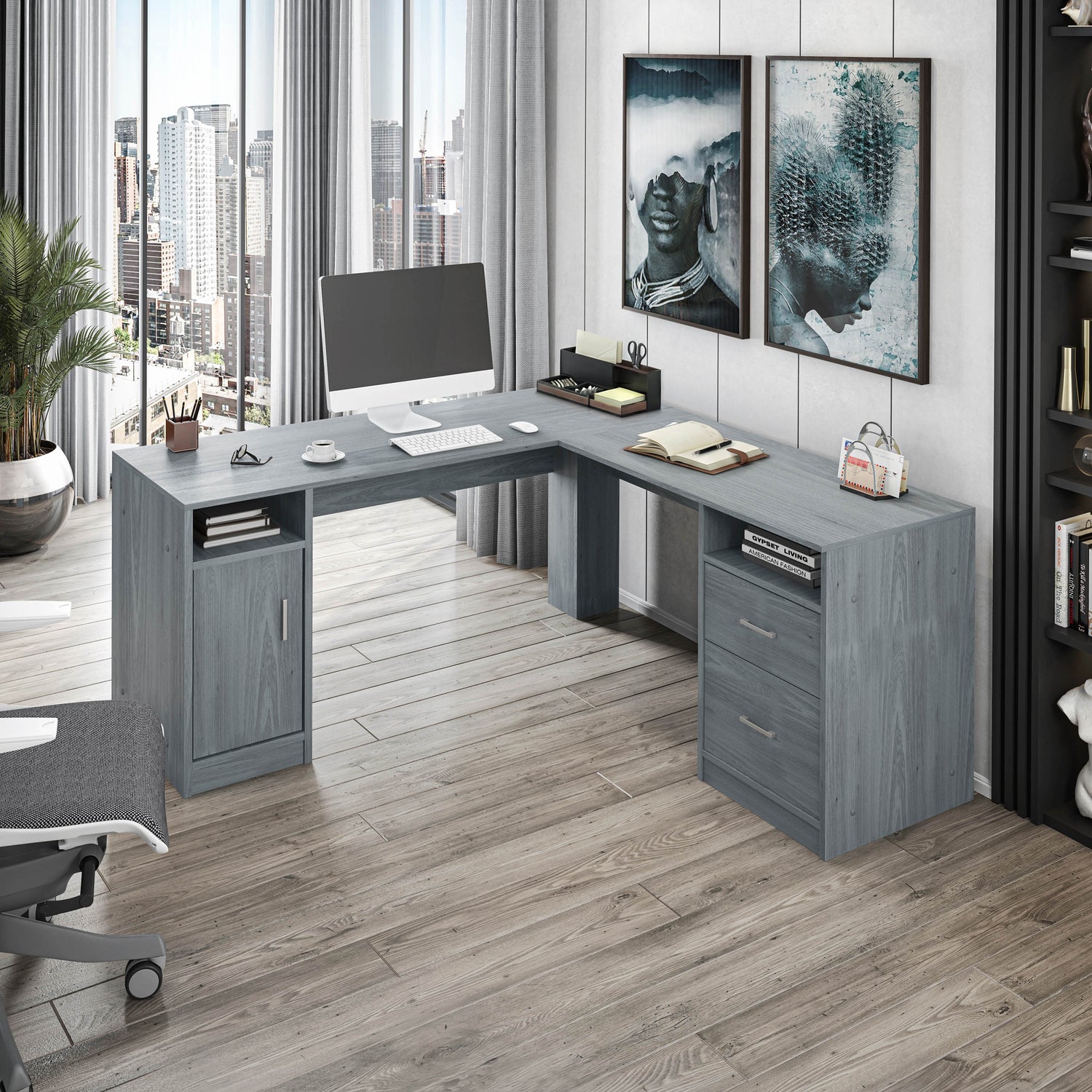Functional L-Shape Desk with Storage