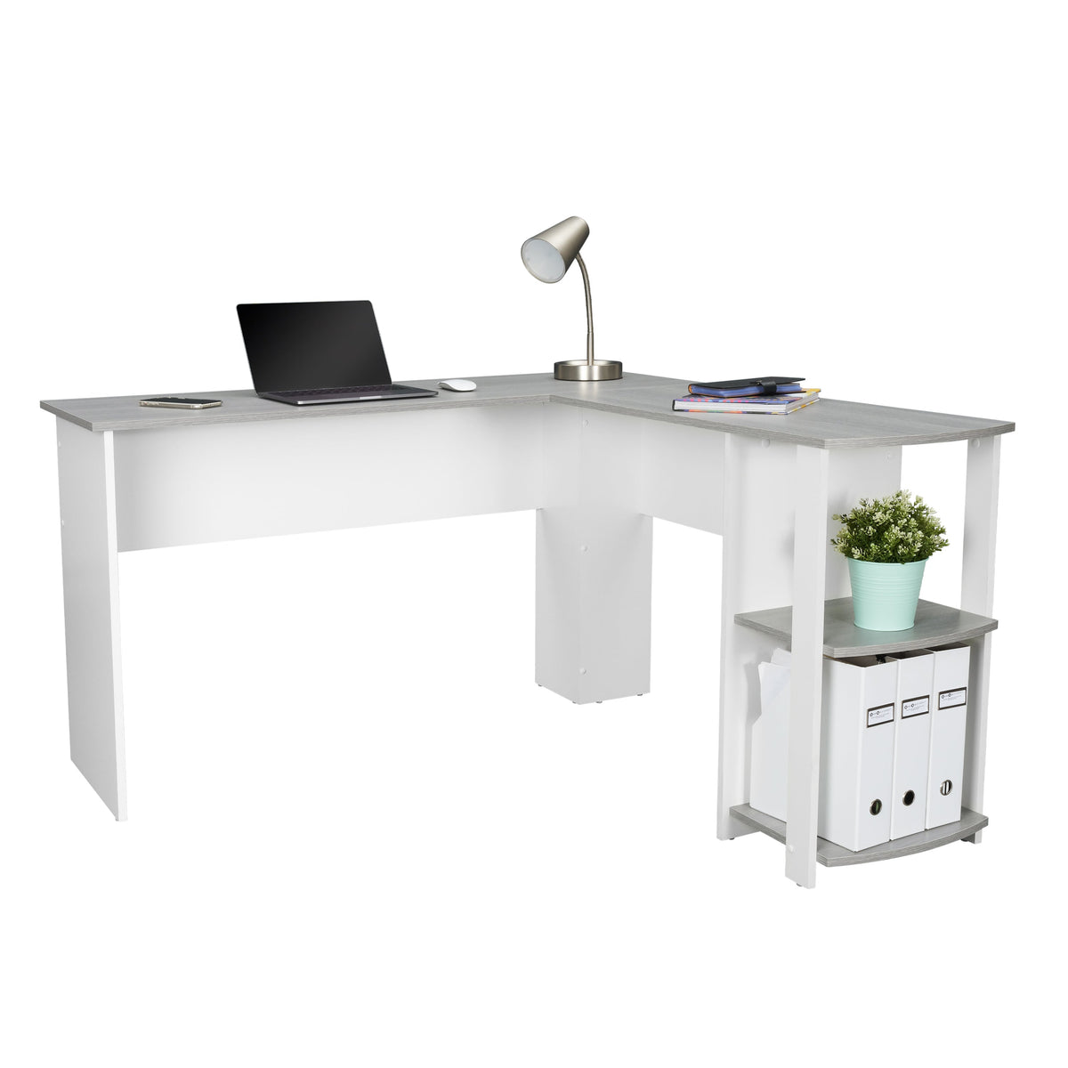 Modern L-Shaped Desk with Side Shelves Grey L-Shaped Desk