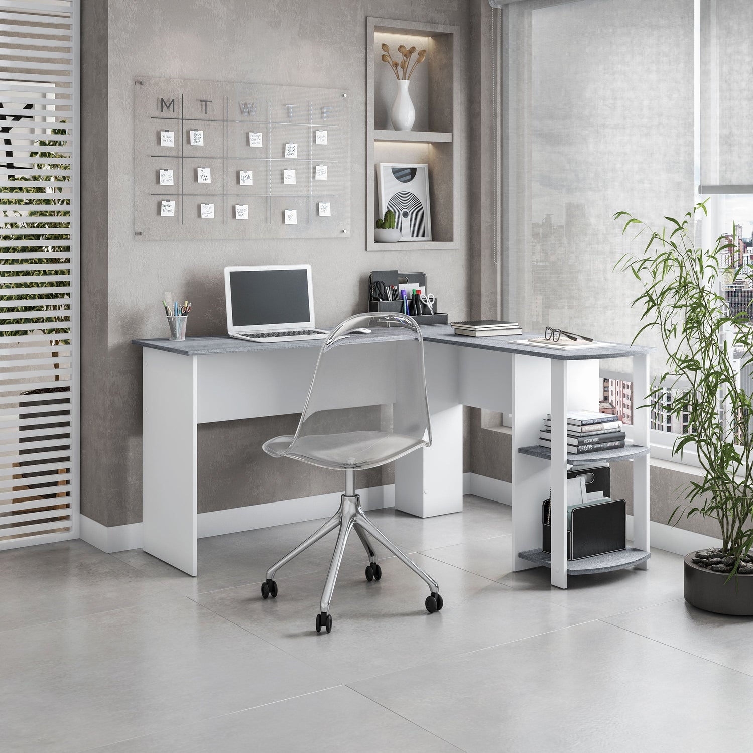Modern L-Shaped Desk with Side Shelves Grey L-Shaped Desk