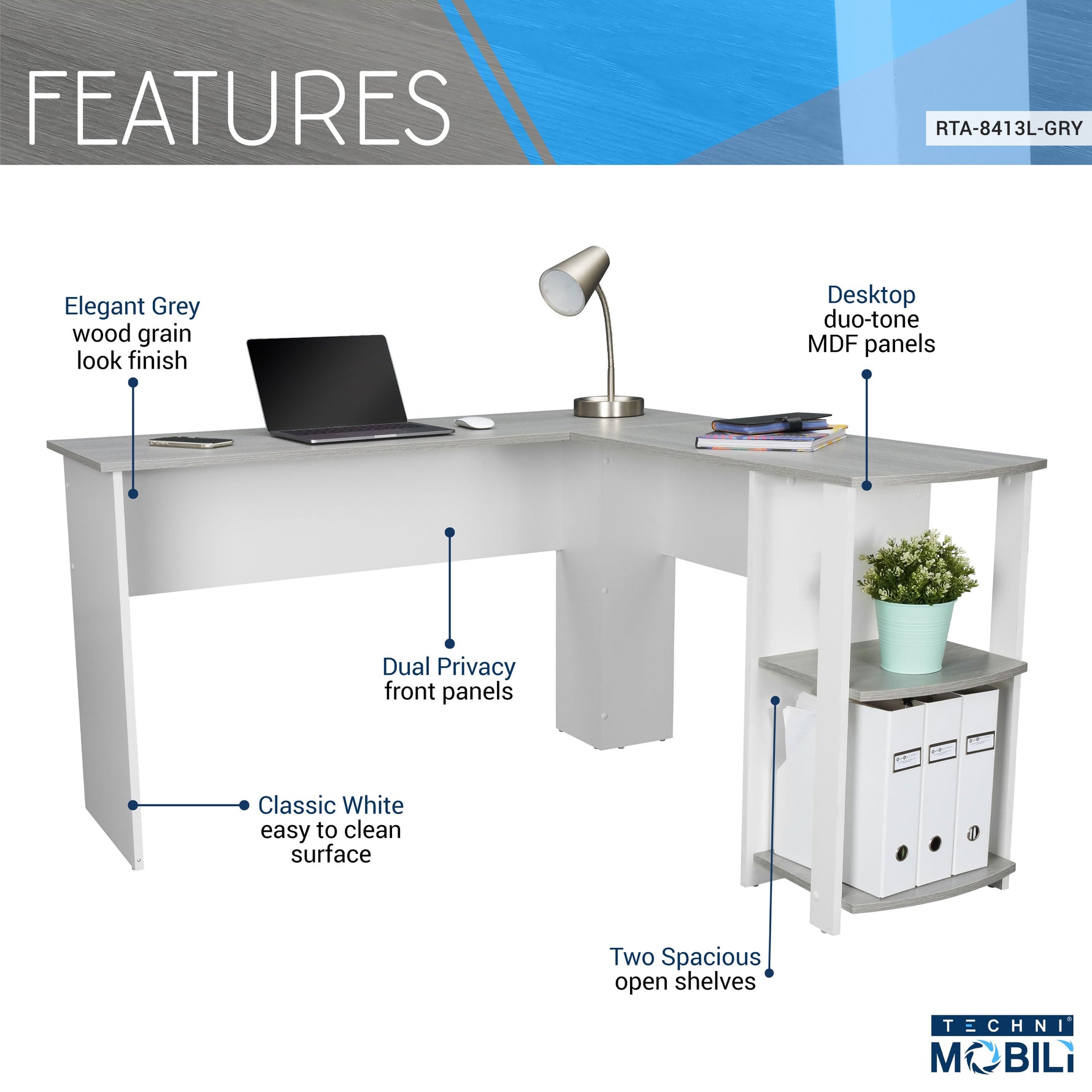 Modern L-Shaped Desk with Side Shelves Grey L-Shaped Desk