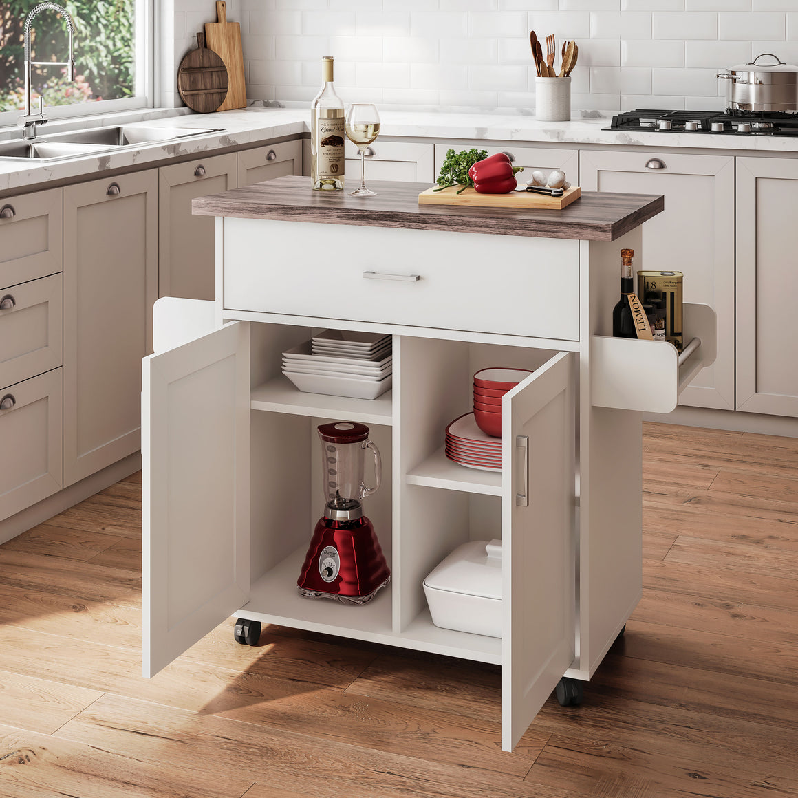 Deluxe Mobile Kitchen Island Cart with Waterproof Top, Storage Cabinets with Adjustable Shelves, and Towel & Spice Rack