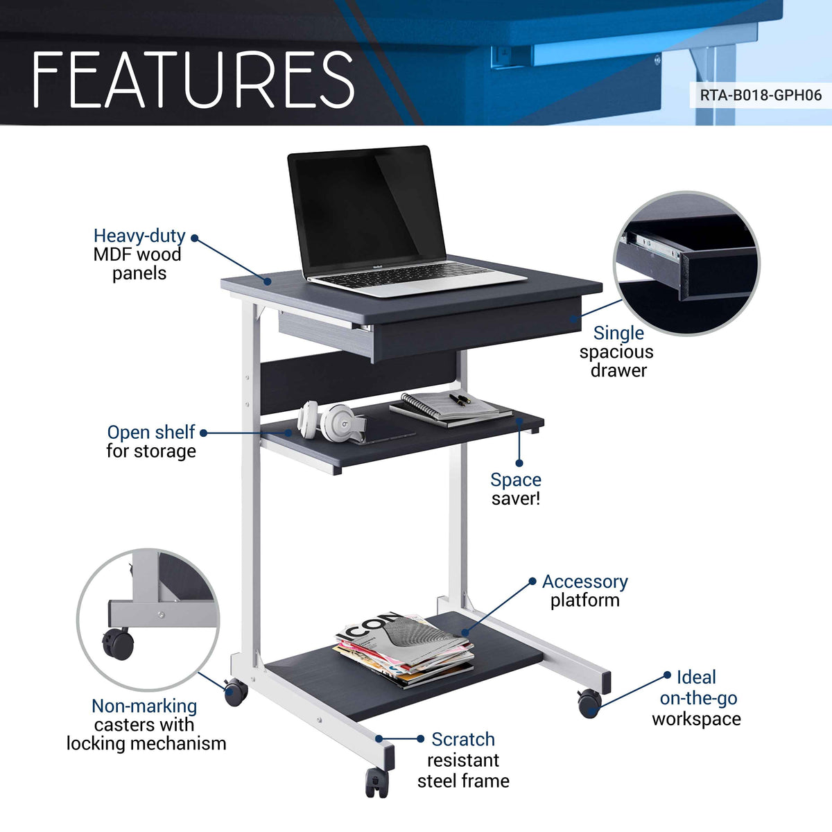 Rolling Laptop Cart with Storage Graphite Laptop Cart