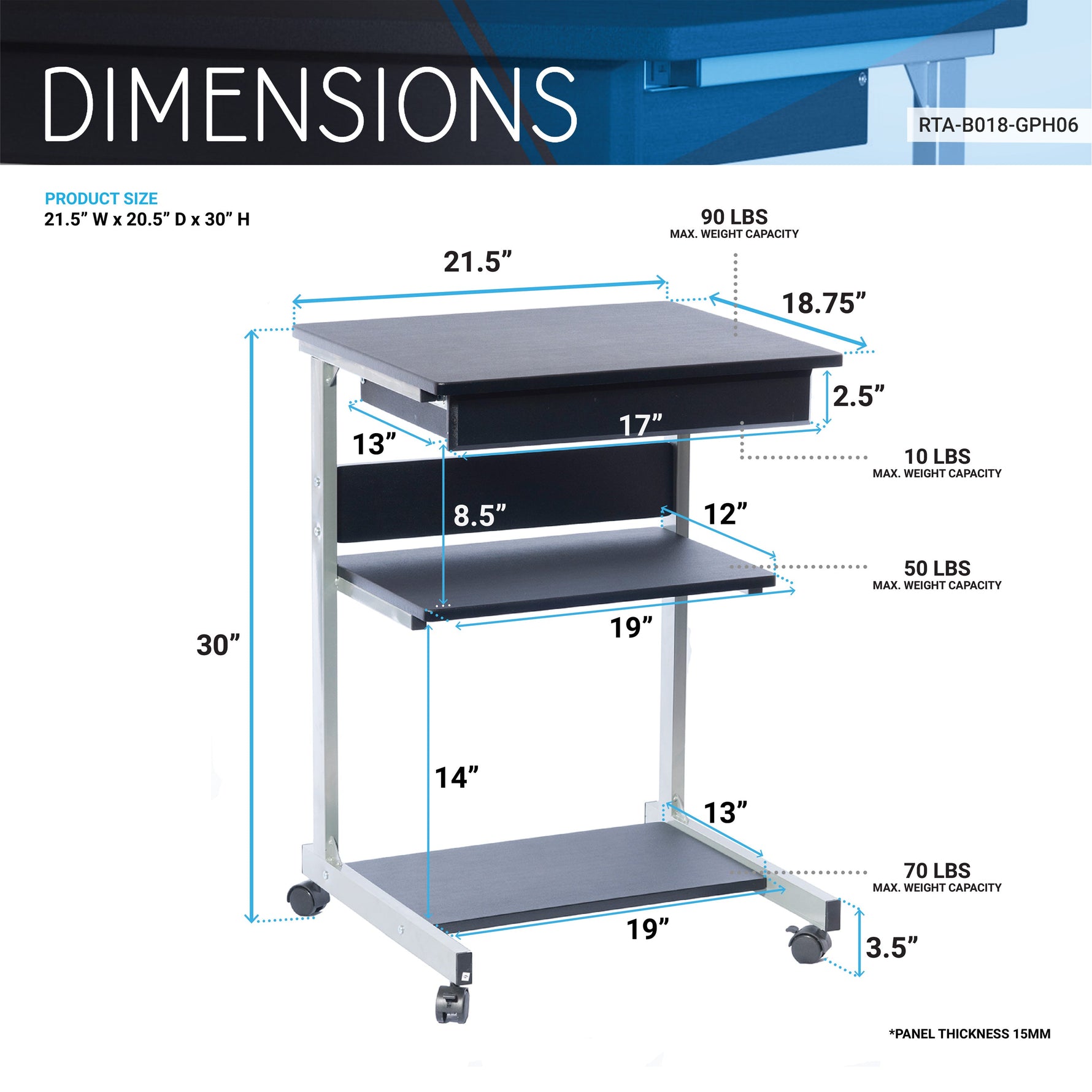 Rolling Laptop Cart with Storage Graphite Laptop Cart