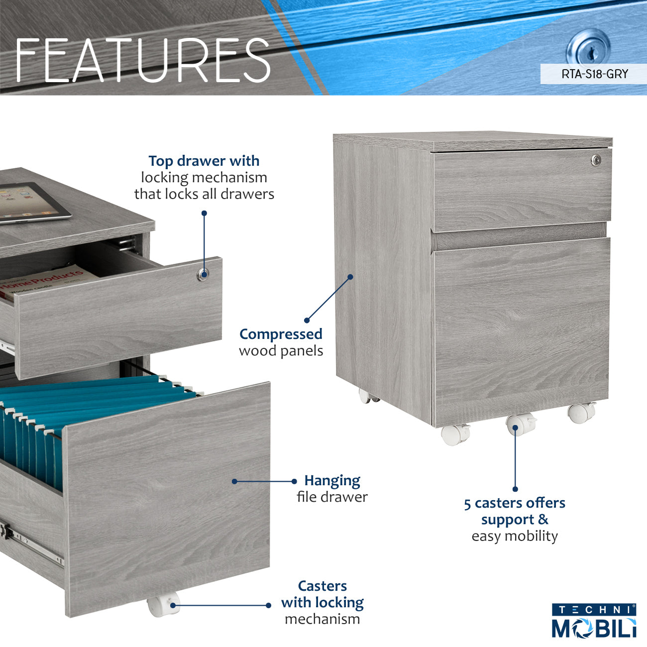 Rolling Two Drawer Vertical Filing Cabinet with Lock and Storage File Cabinet