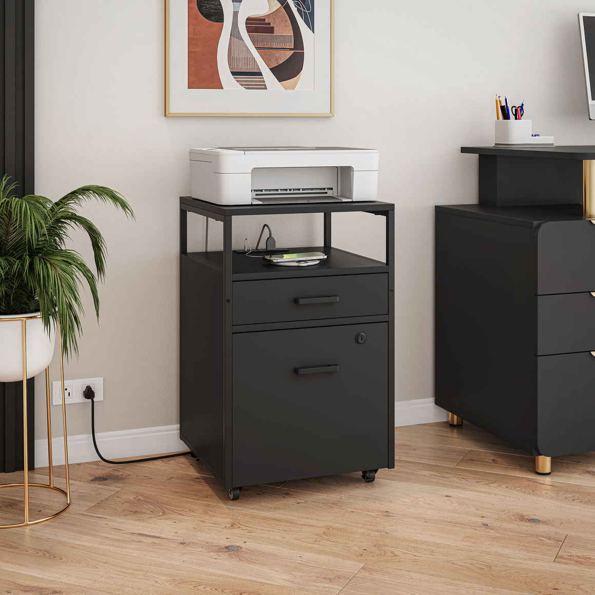 Modern Rolling 2-Drawer File Cabinet with Locking File Drawer, 2 USB Charging Ports & Power Outlet, and Locking Wheels