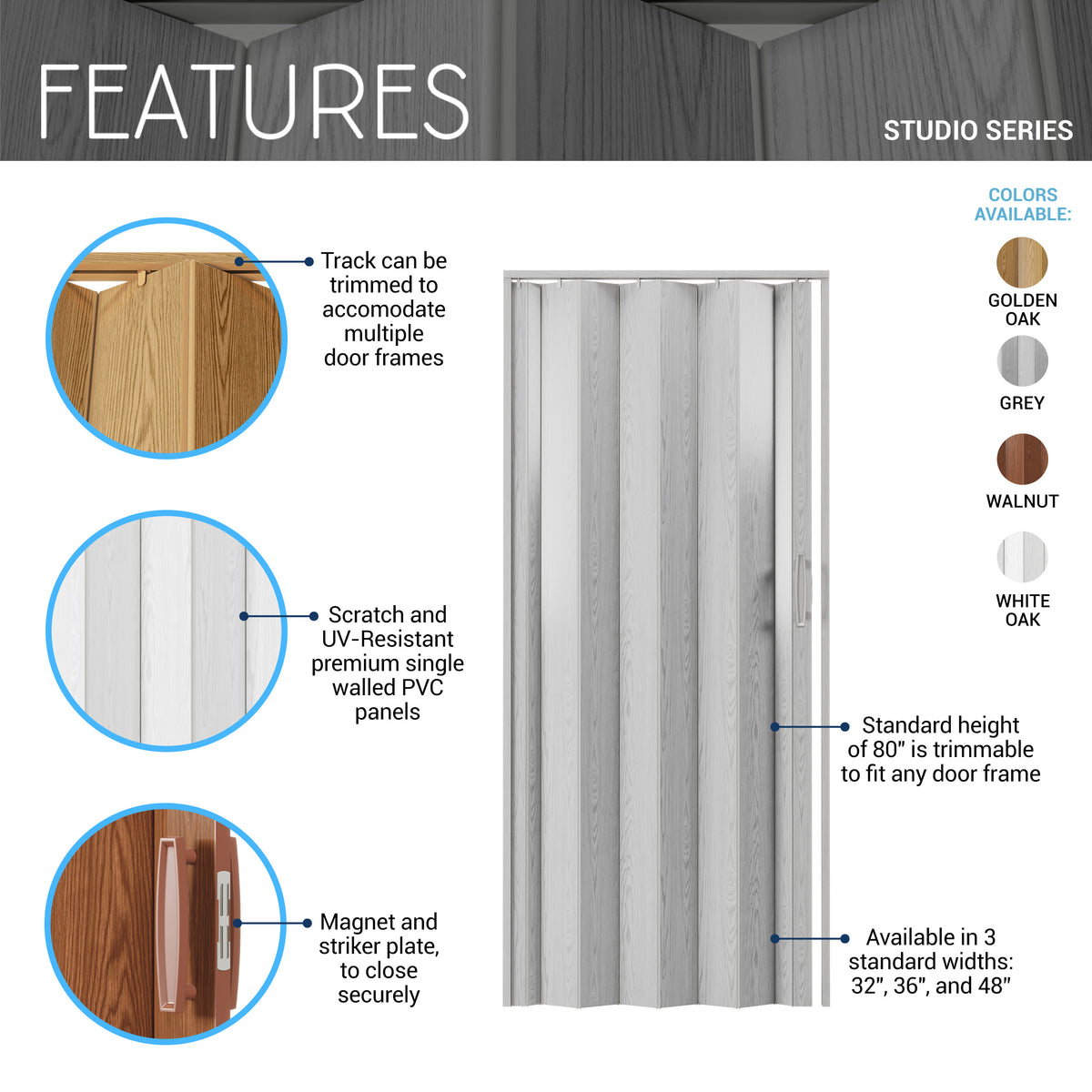 Studio Series 32’’ PVC Foldable Accordion Doors Grey Foldable Accordion Doors