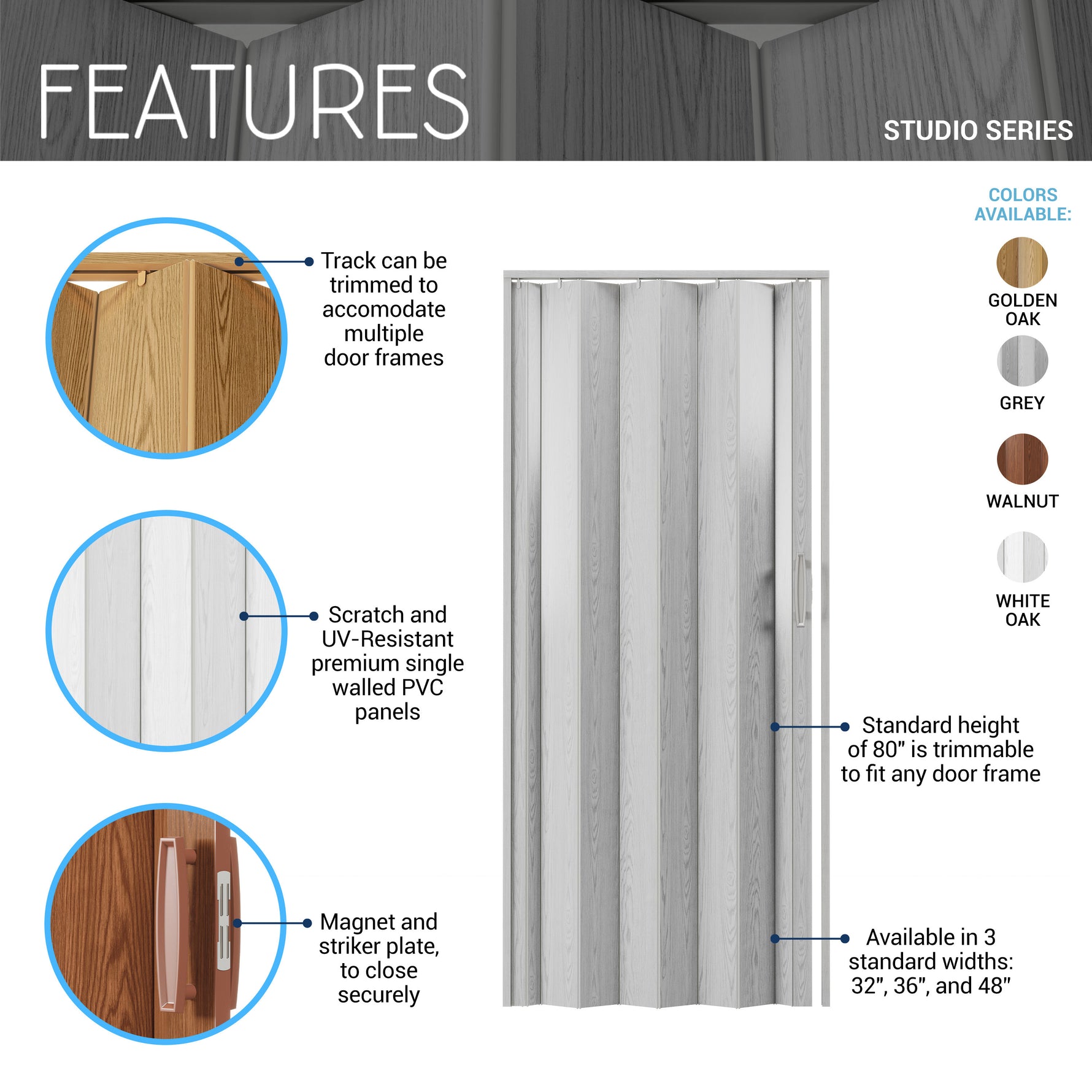 Studio Series 32’’ PVC Foldable Accordion Doors Grey Foldable Accordion Doors