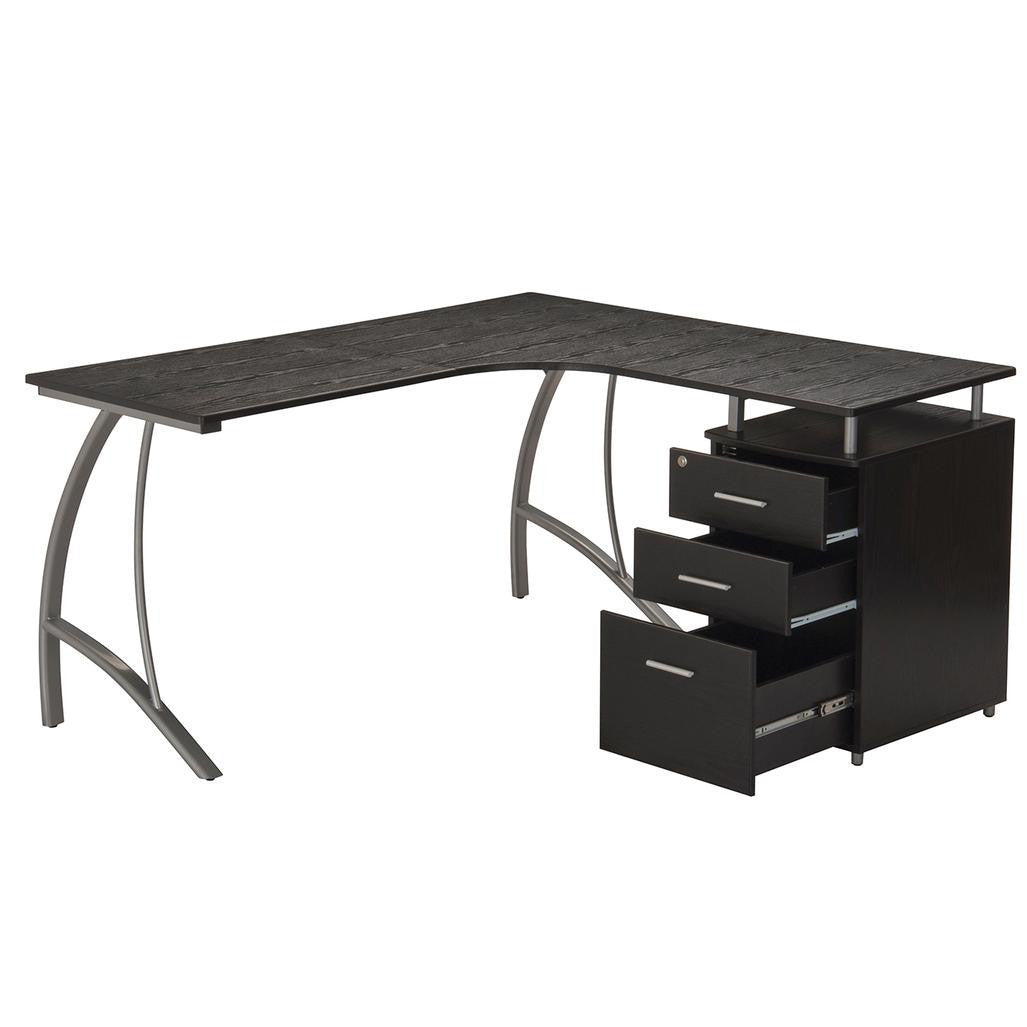 Modern L- Shaped Computer Desk with File Cabinet and Storage Espresso L-Shaped Desk