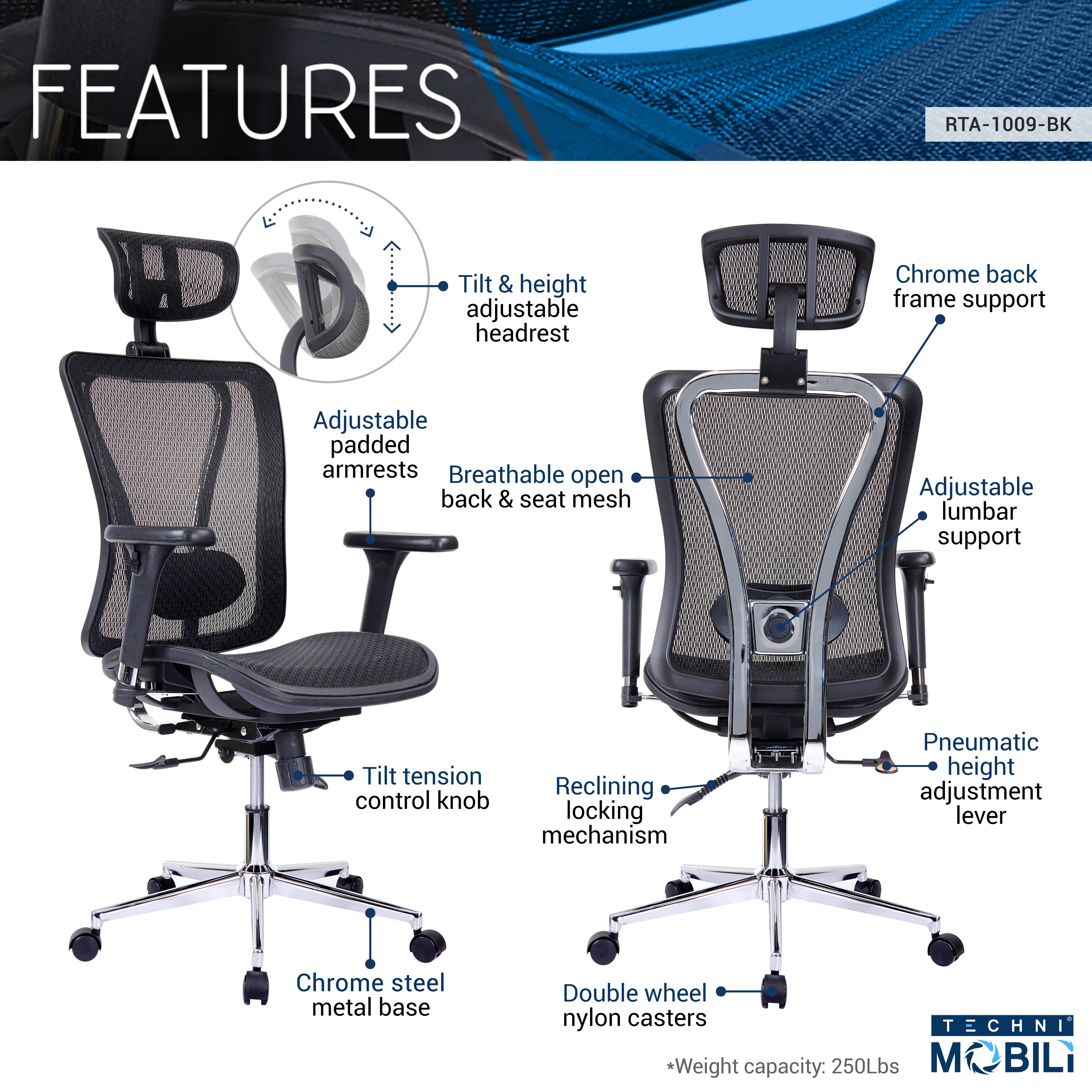 Techni Mobili  Executive Mesh Office Chair with Headrest and Lumbar Support
