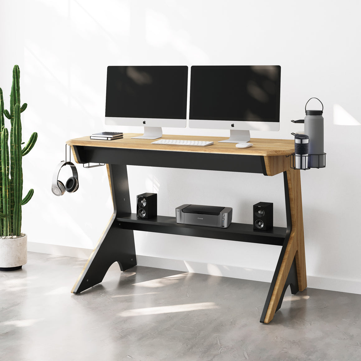 Home Office Computer Writing Desk Workstation with Two Cupholders and a Headphone Hook