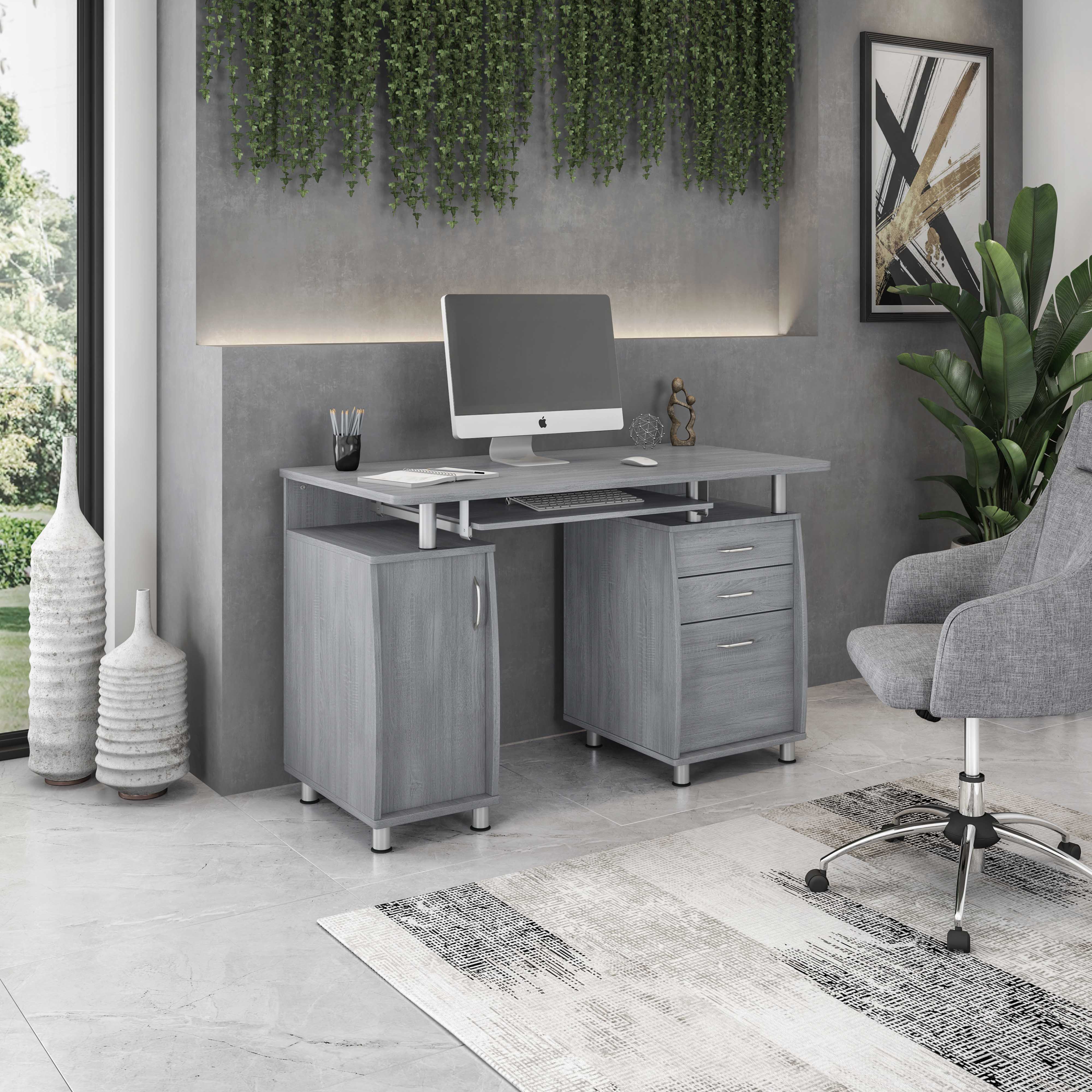 Techni Mobili White and Gold Desk for Office with Drawers & Storage
