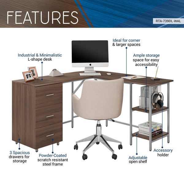 Techni Mobili  L-Shape Home Office Two-Tone Desk with Storage