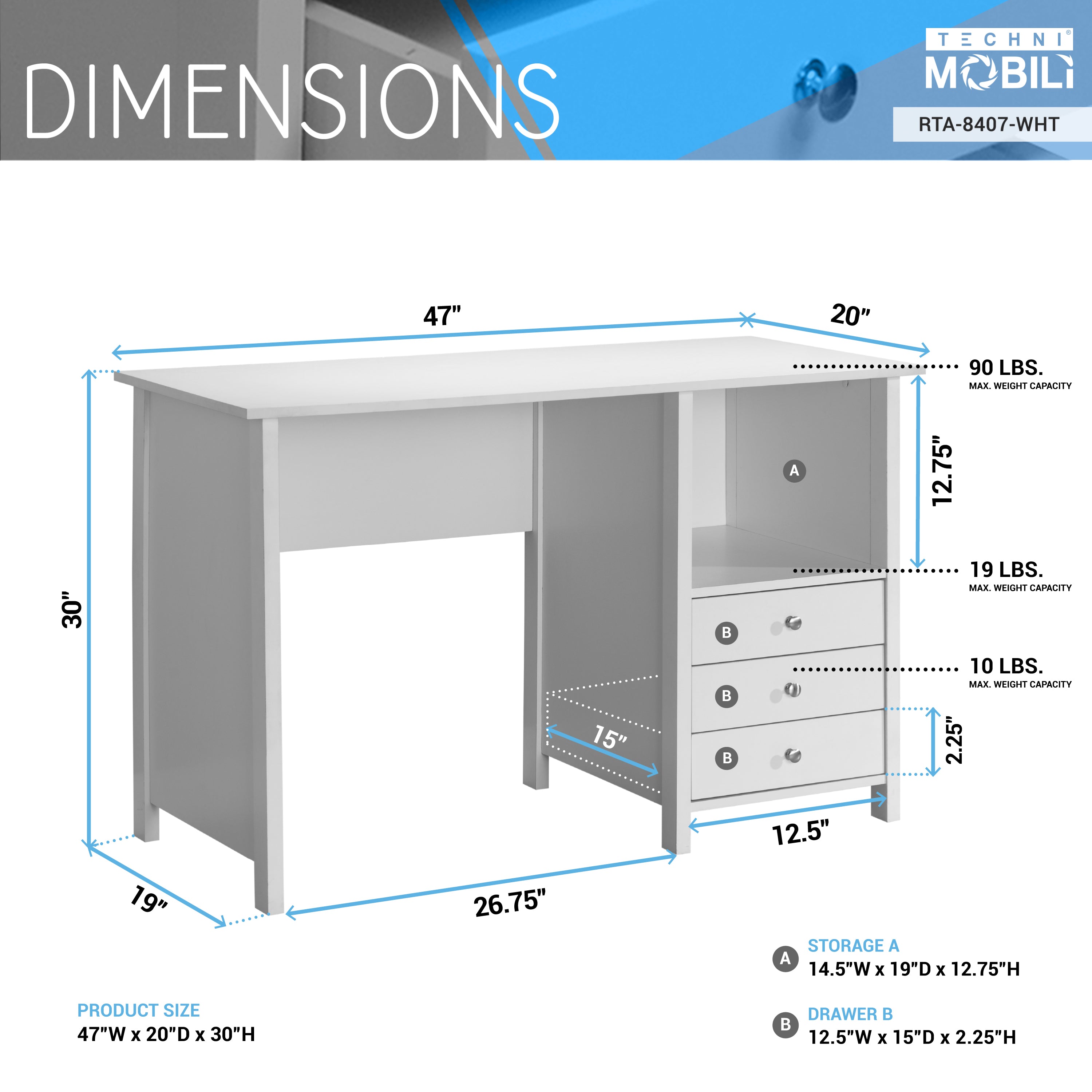 Techni Mobili  Contemporary White Desk with 3 Storage Drawers